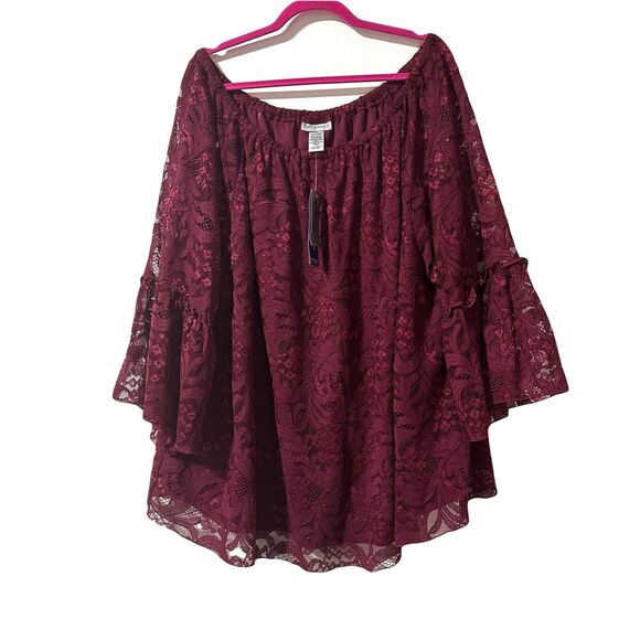 Catherines Lace Blouse On / Off The Shoulder Size 3X 26 28W Burgundy Red NWT - Picture 1 of 8